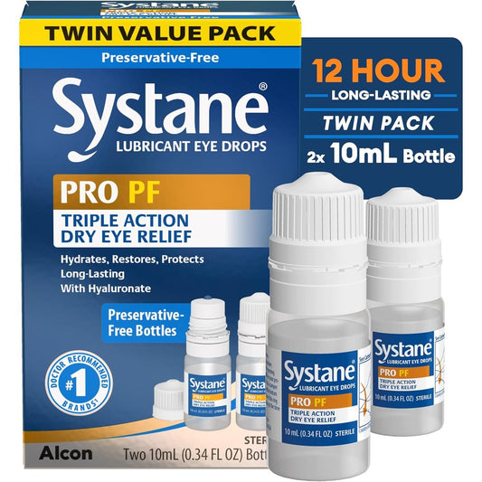 Systane PRO PF Multi-Dose Preservative-Free Eye Drops front view twin pack for dry eye relief.