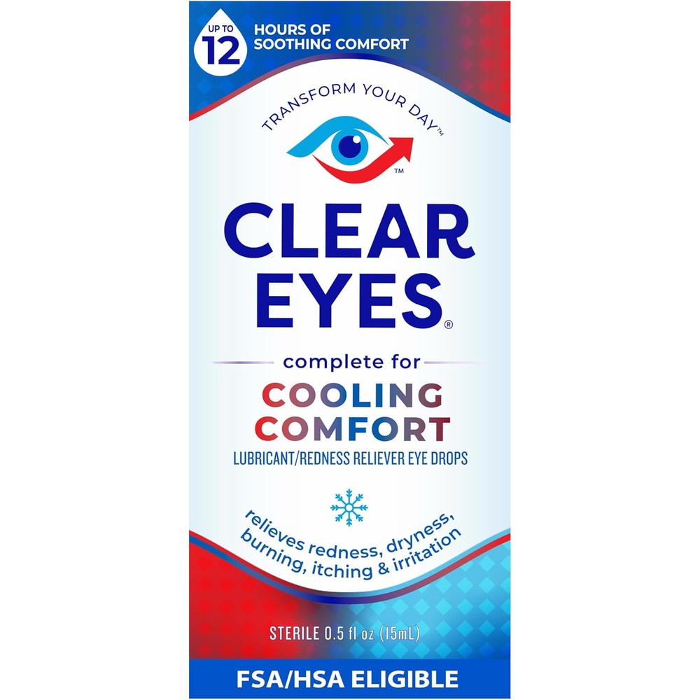 Clear Eyes Cooling Comfort Relief Eye Drops front view for redness relief.