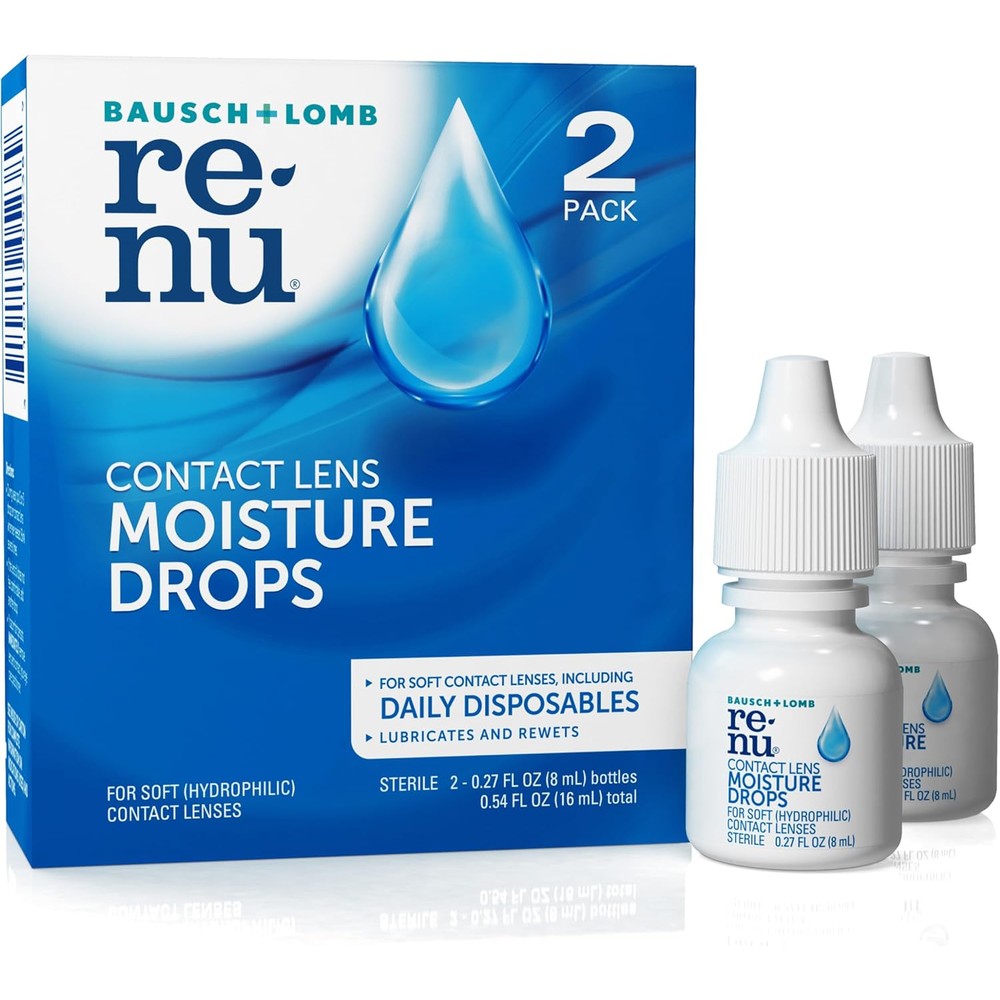 Bausch + Lomb ReNu MultiPlus Lubricating and Rewetting Drops twin pack front view for contact lens hydration