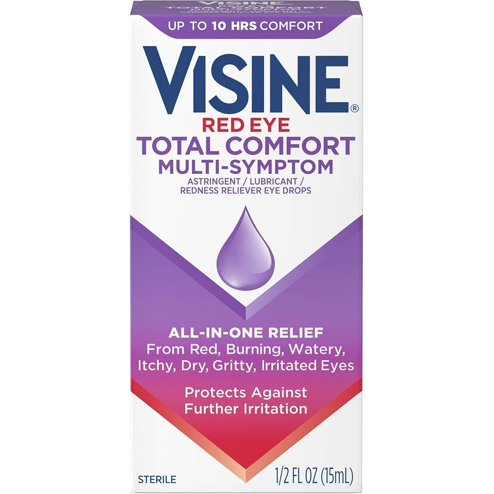 Visine Red Eye Total Comfort Multi-Symptom Eye Drops front view for redness relief.