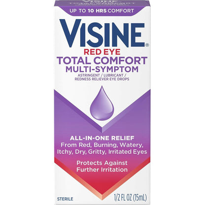Visine Red Eye Total Comfort Multi-Symptom Eye Drops front view for redness relief.