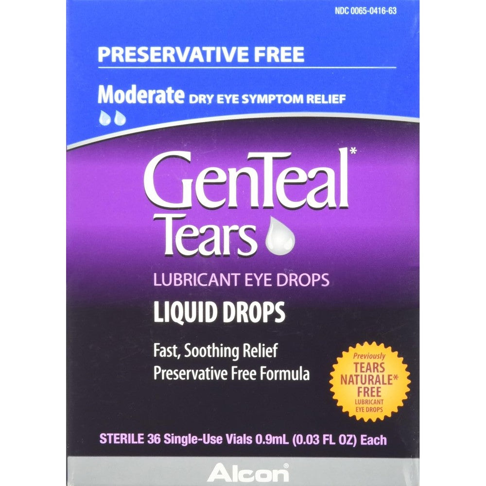 GenTeal Tears Moderate Liquid Drops front view 36 count box for dry eye relief.