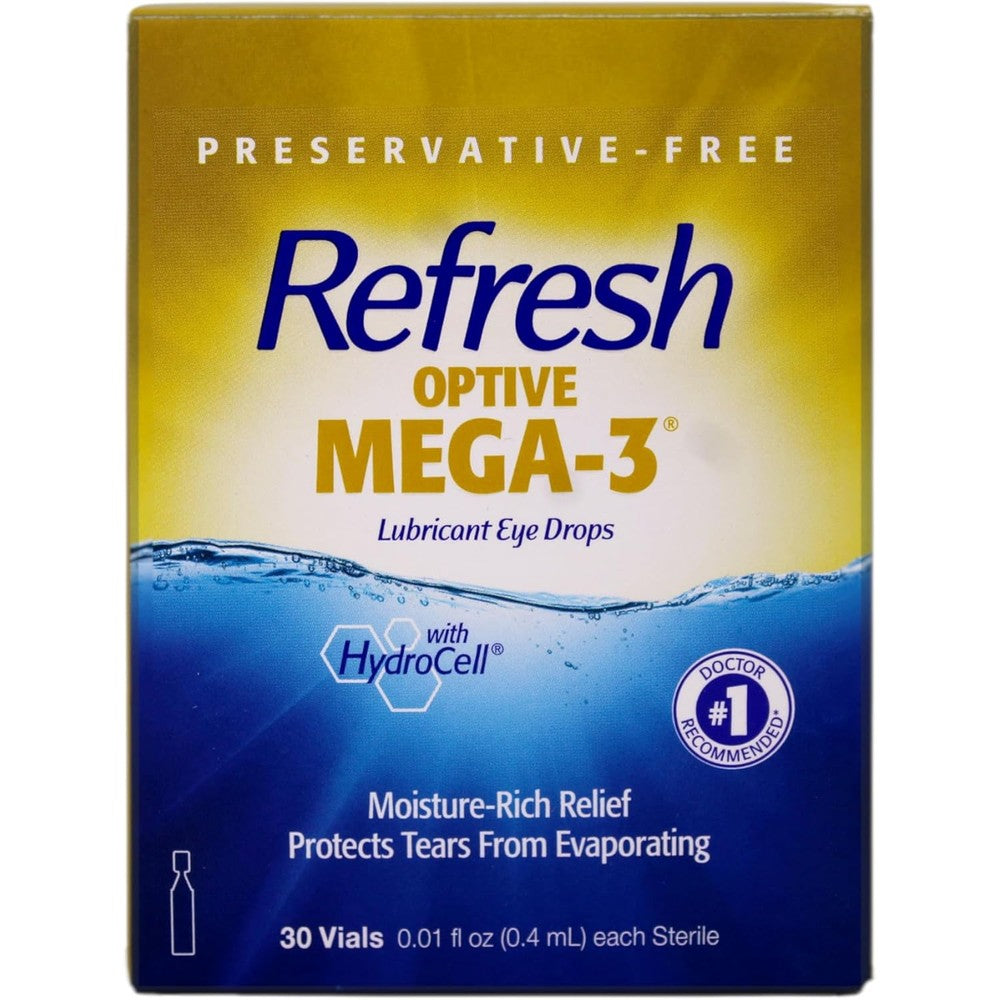 Refresh Optive Mega-3 Lubricant Eye Drops front view of twin pack boxes.