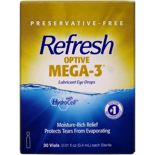 Refresh Optive Mega-3 Lubricant Eye Drops front view of twin pack boxes.