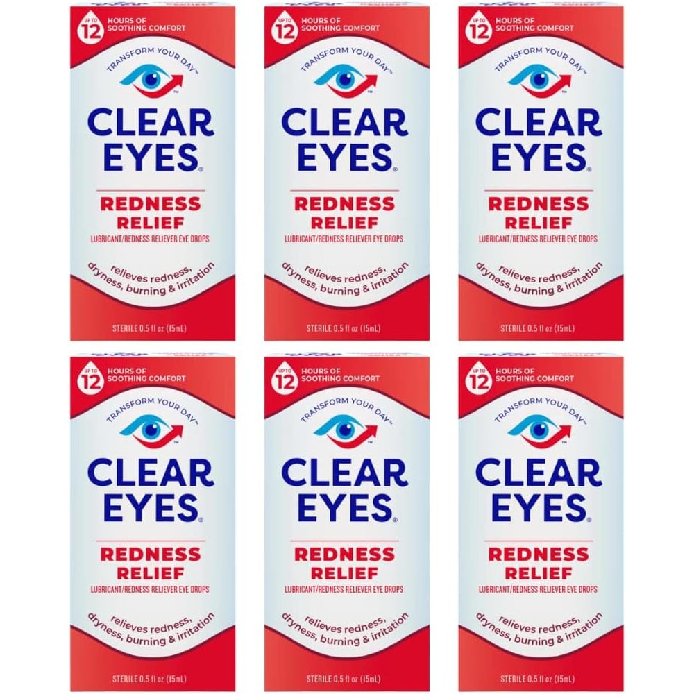 Clear Eyes Redness Relief Sterile Eye Drops front view of the six pack packaging.
