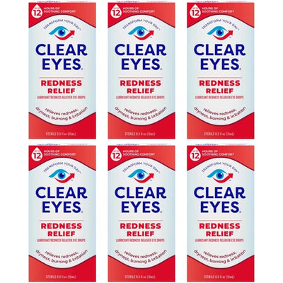 Clear Eyes Redness Relief Sterile Eye Drops front view of the six pack packaging.