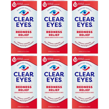Clear Eyes Redness Relief Sterile Eye Drops front view of the six pack packaging.