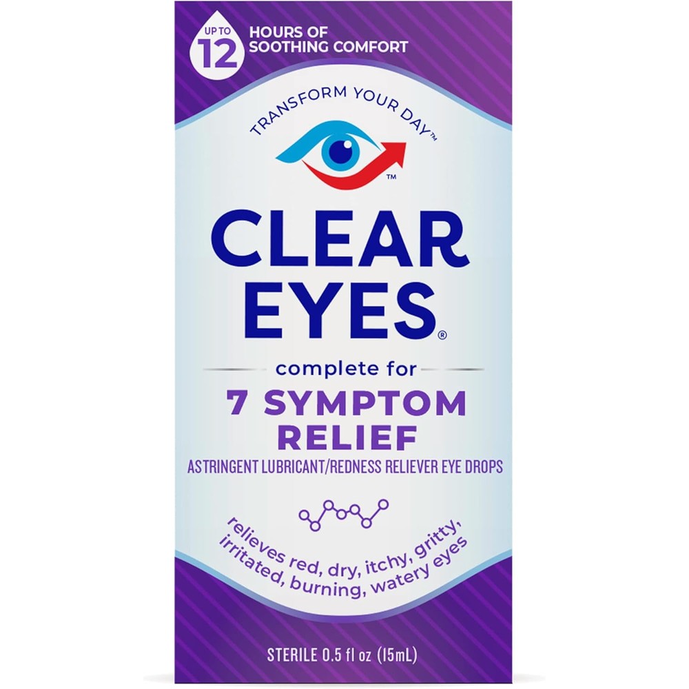 Clear Eyes 7 Symptom Relief Eye Drops front view for redness relief