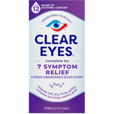 Clear Eyes 7 Symptom Relief Eye Drops front view for redness relief