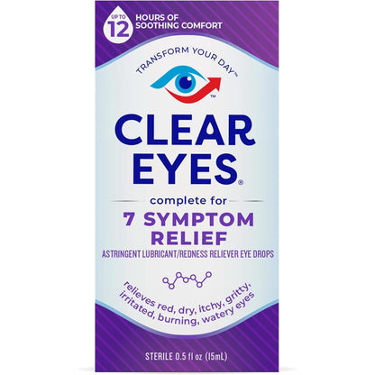 Clear Eyes 7 Symptom Relief Eye Drops front view for redness relief