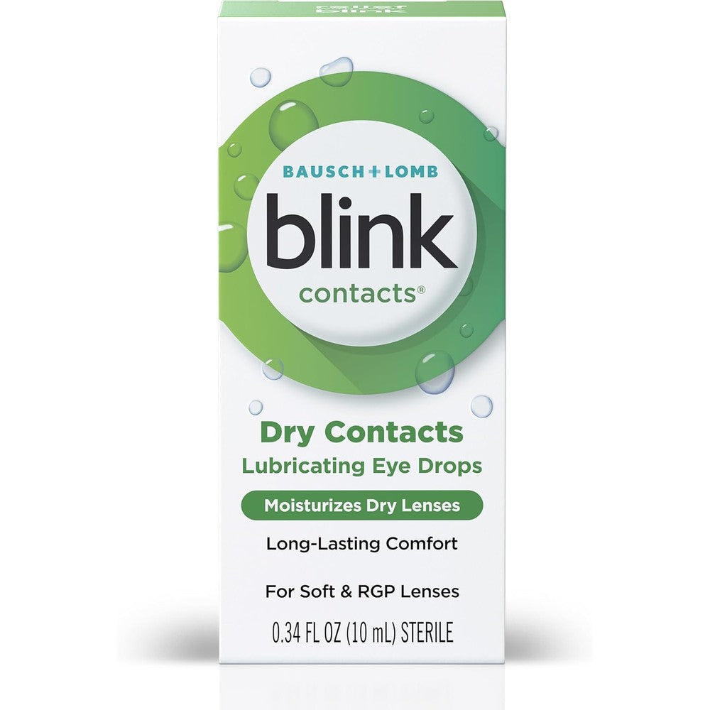 Blink Contacts Lubricating Eye Drops pack of 3 front view showing 10ml sterile bottles.