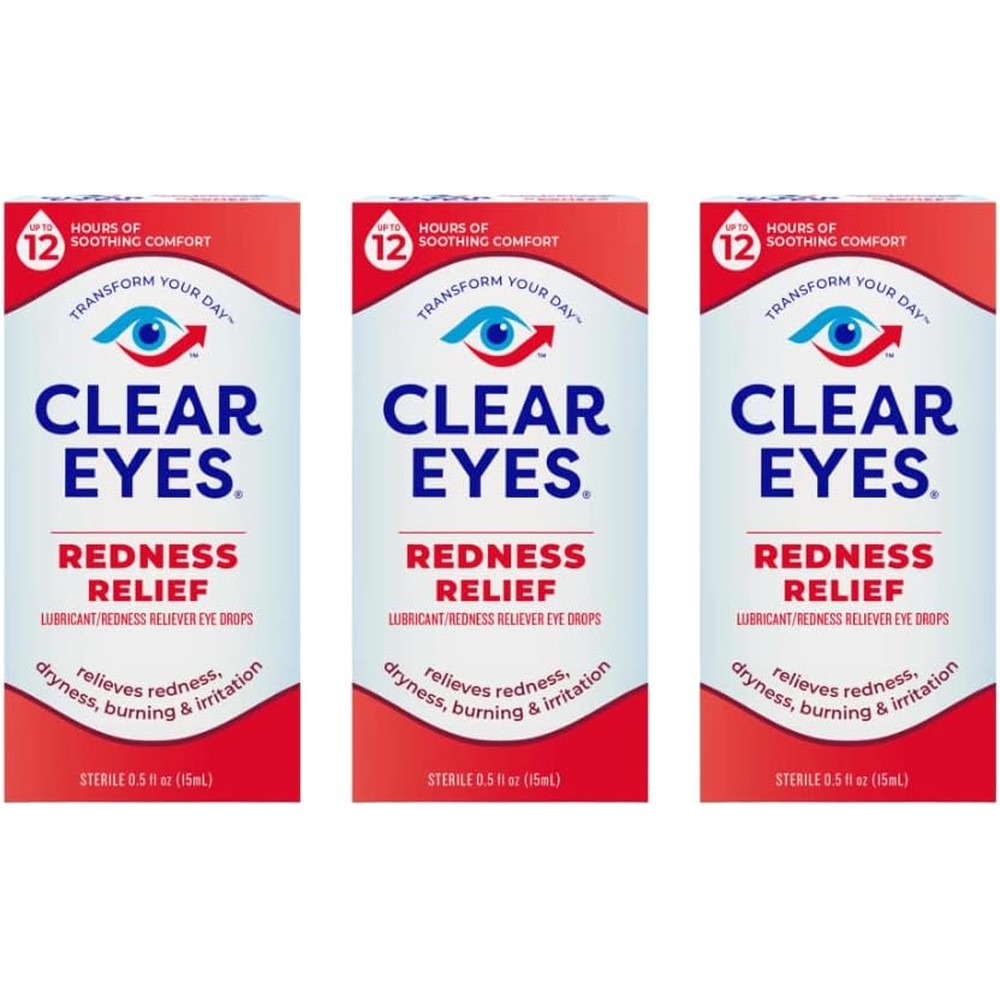 Clear Eyes Redness Relief Eye Drops front view pack of three
