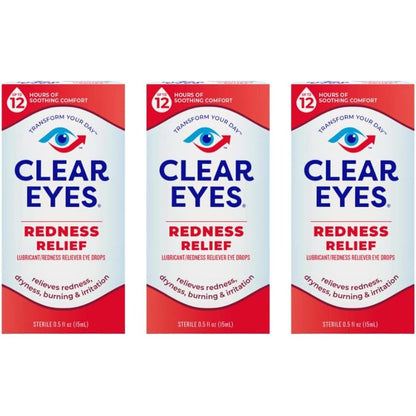Clear Eyes Redness Relief Eye Drops front view pack of three