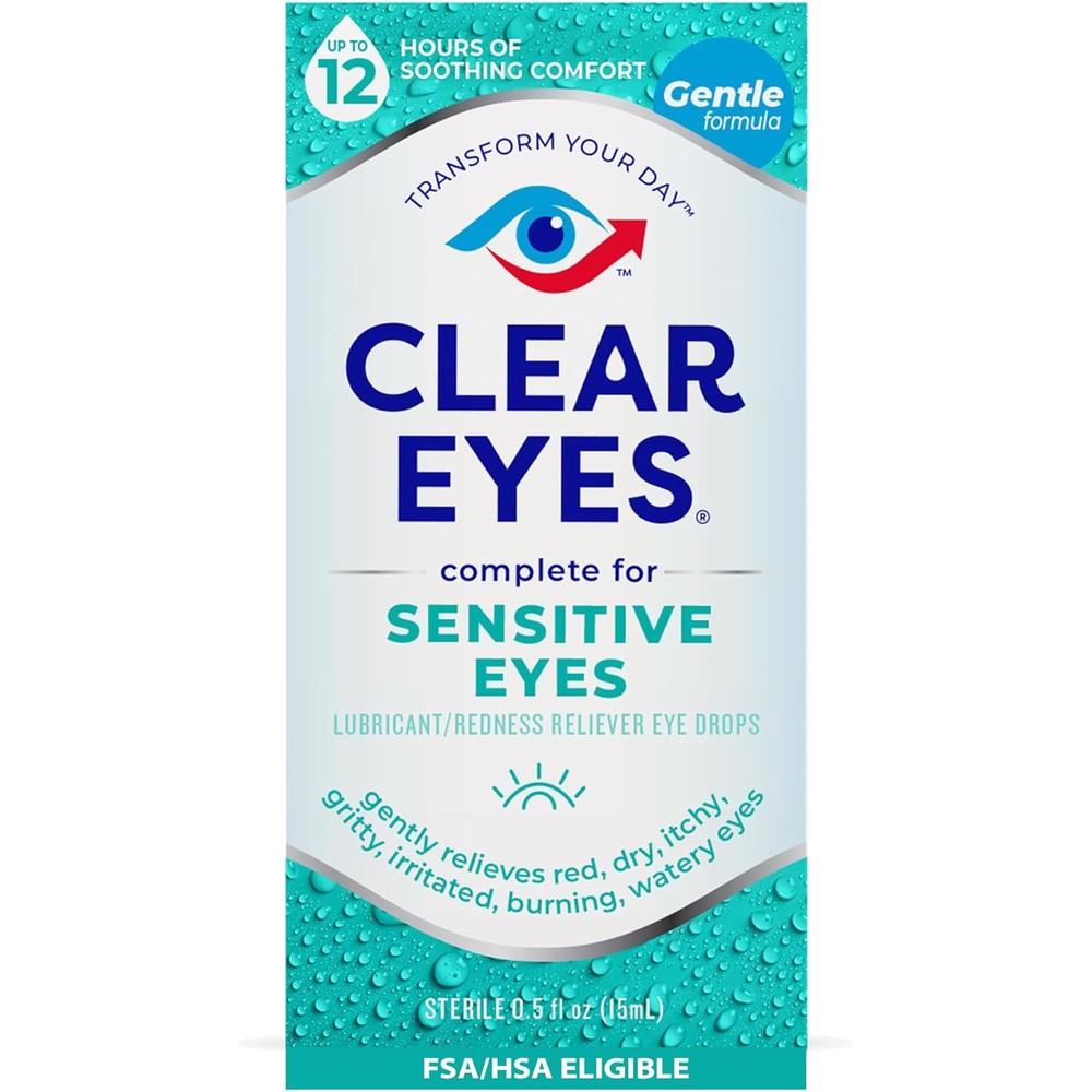Clear Eyes Sensitive Eyes Eye Drops front packaging for redness relief.