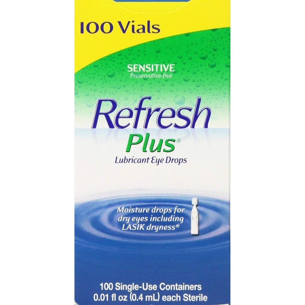 Allergan Refresh Plus Lubricant Eye Drops front view of 100 count box.