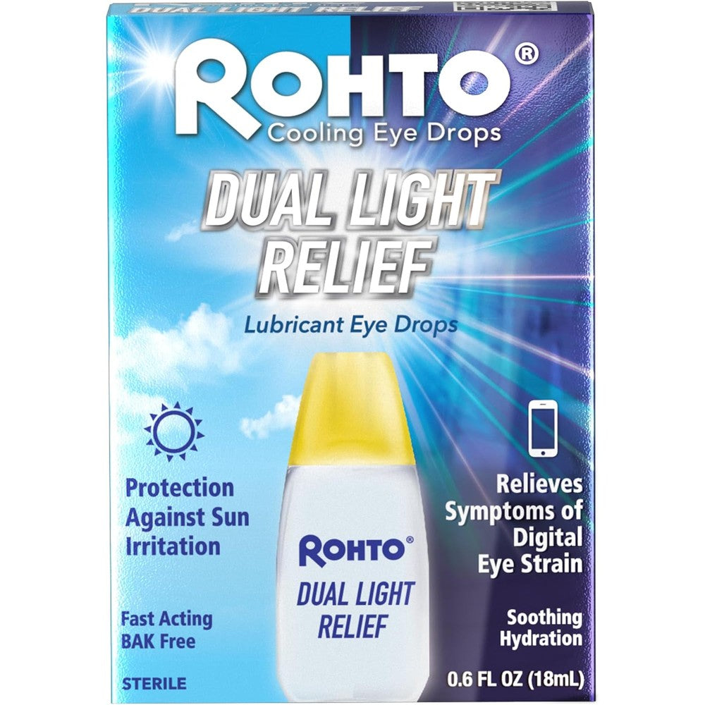 Rohto Dual Light Relief Cooling Lubricant Eye Drops front packaging for digital eye strain.