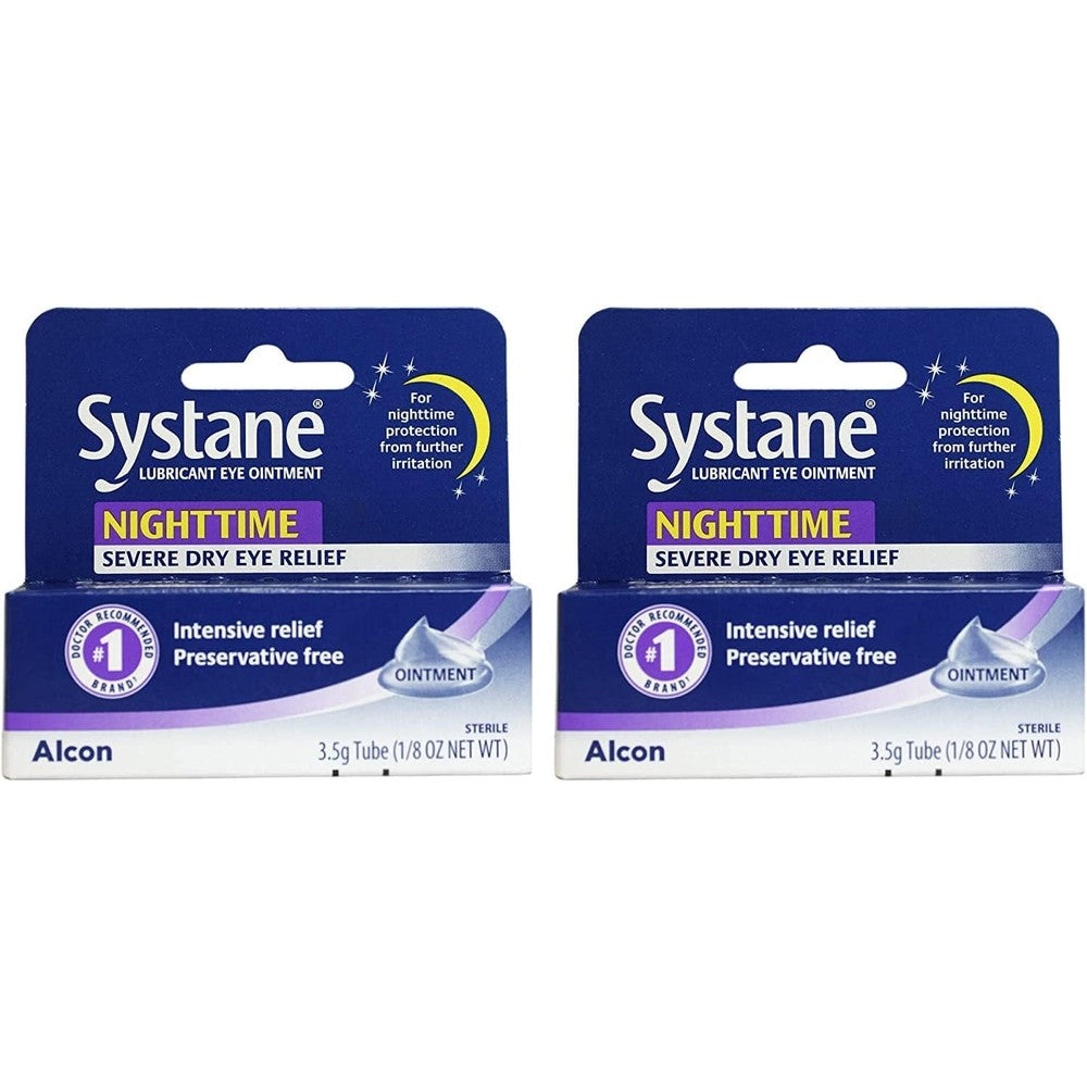 Systane Nighttime Lubricant Eye Ointment twin pack front view for dry eye relief.