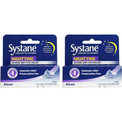 Systane Nighttime Lubricant Eye Ointment twin pack front view for dry eye relief.
