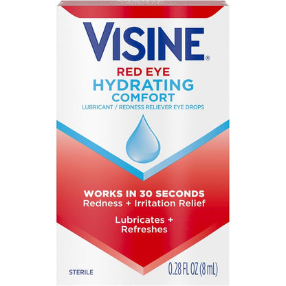 Visine Red Eye Hydrating Comfort front bottle view for fast redness relief.