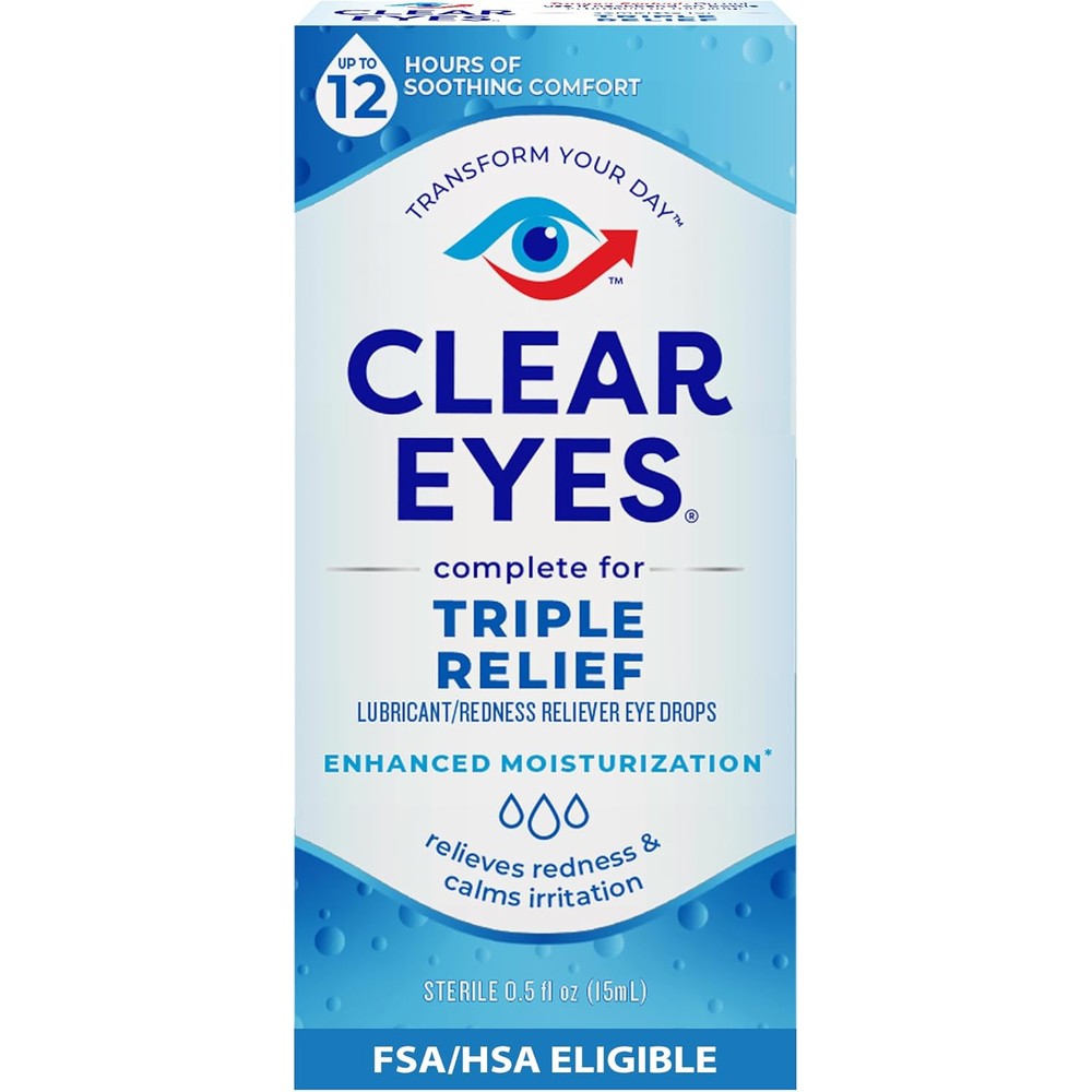 Clear Eyes Triple Relief Eye Drops front packaging for redness relief.