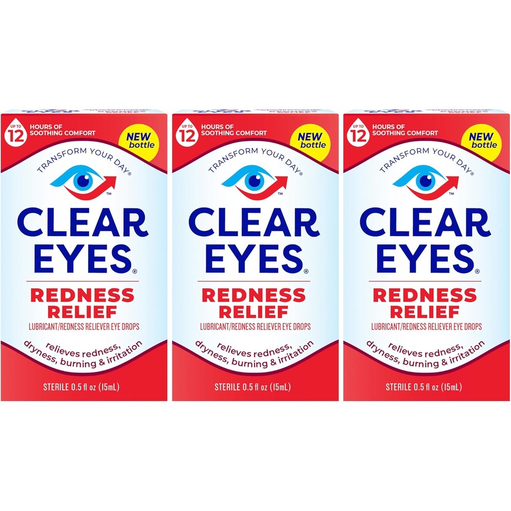 Clear Eyes Redness Relief 3 Pack front view for eye irritation relief.