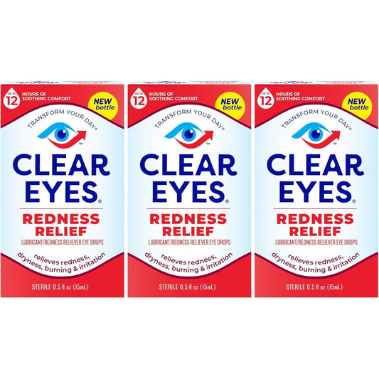 Clear Eyes Redness Relief 3 Pack front view for eye irritation relief.