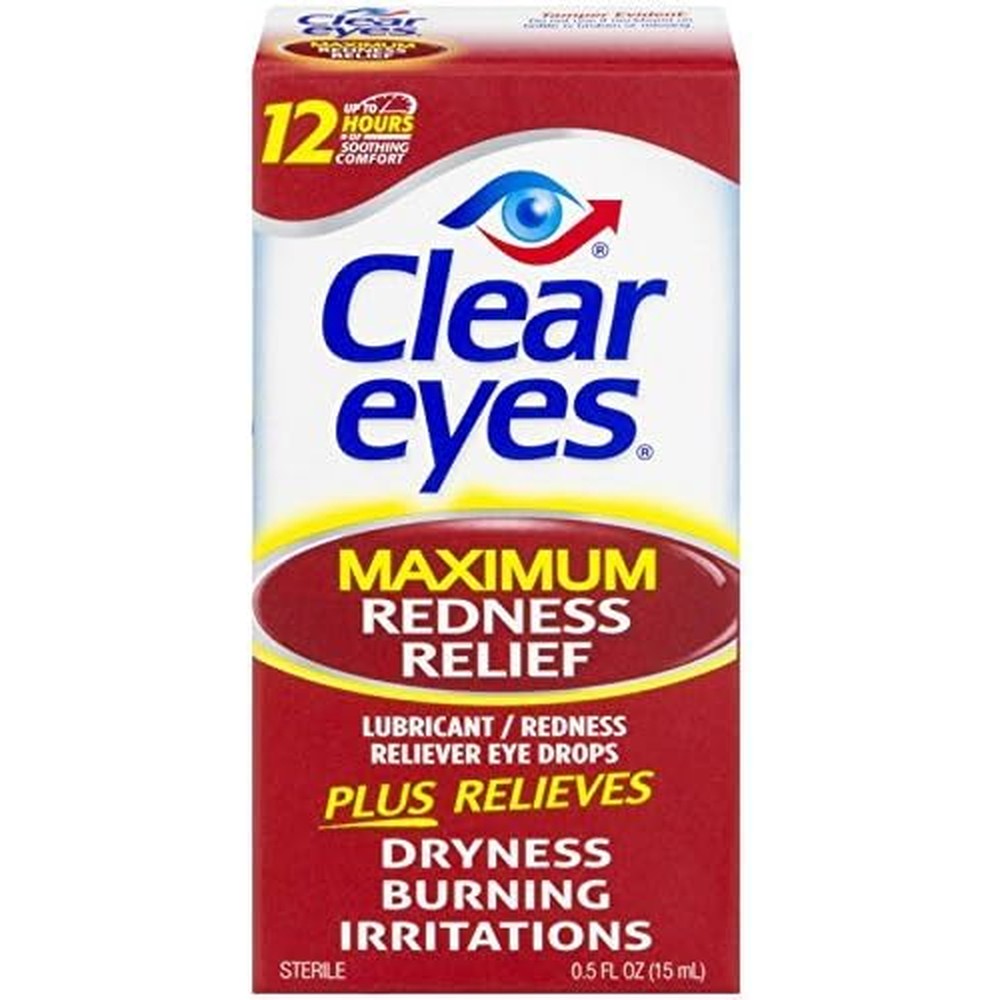 Clear Eyes Maximum Redness Relief Eye Drops front view for eye irritation.