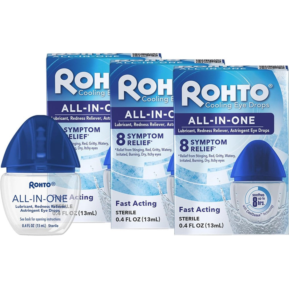 Rohto All-In-One Multi-Symptom Eye Drops front view 3 pack packaging