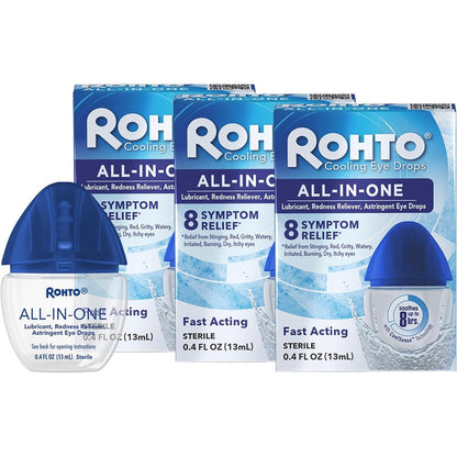 Rohto All-In-One Multi-Symptom Eye Drops front view 3 pack packaging