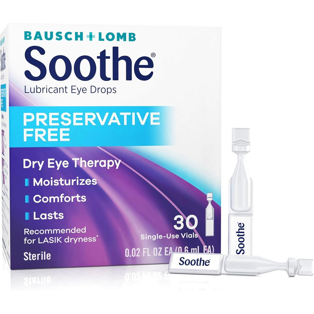 Bausch + Lomb Soothe Preservative Free Lubricant Eye Drops front packaging showing 30 single use vials for dry eye therapy.