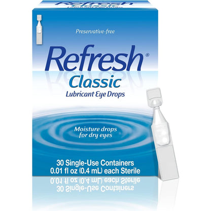 Refresh Classic Lubricant Eye Drops 30 count front packaging for dry eye relief.