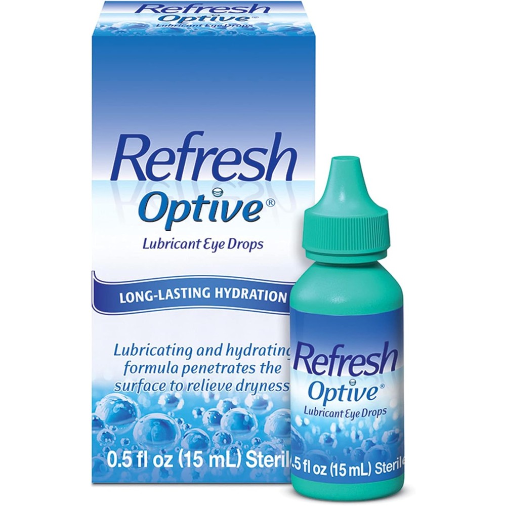 Refresh Optive Lubricant Eye Drops front view 0.5 Fluid Ounce bottle for dry eye relief.