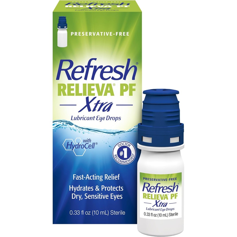 Refresh Relieva PF Xtra Preservative-Free Eye Drops front packaging for dry eye relief.