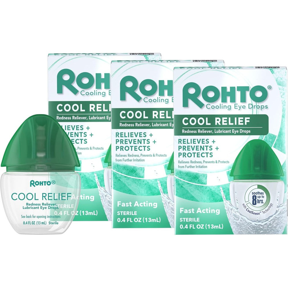 Rohto Cool Relief Redness Reliever 3 Pack front packaging view showing cooling technology benefits.