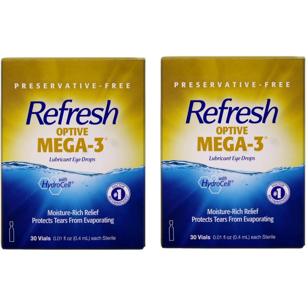 Refresh Optive Mega-3 Lubricant Eye Drops 2 pack front view for dry eye relief