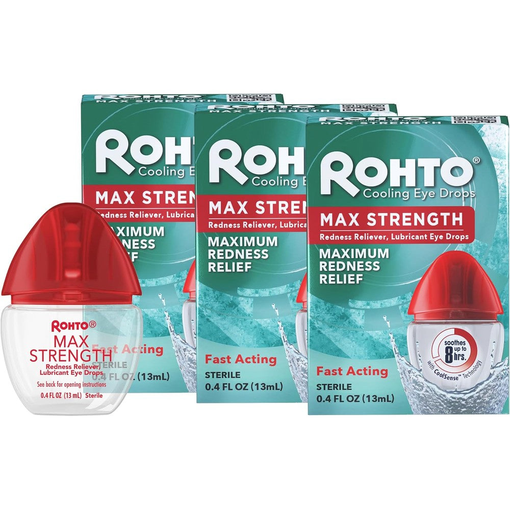Rohto Max Strength Redness Reliever 3 Pack front view for eye irritation relief.