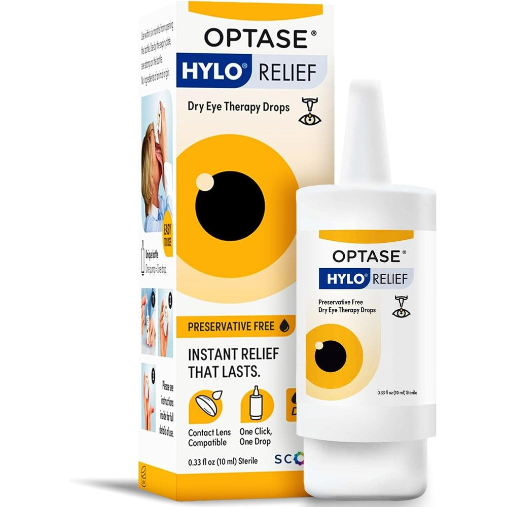 Optase Hylo Relief Dry Eye Drops front view of 10ml bottle for lubricant relief.