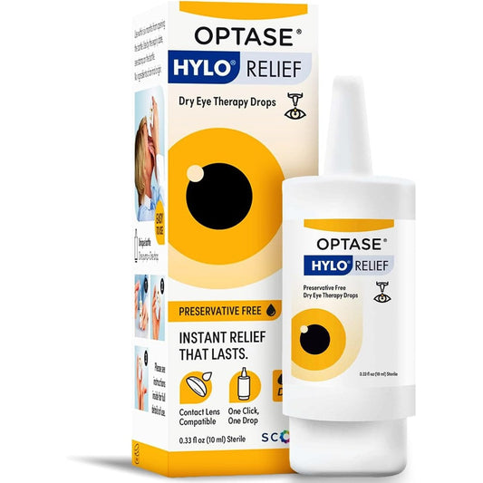 Optase Hylo Relief Dry Eye Drops front view of 10ml bottle for lubricant relief.