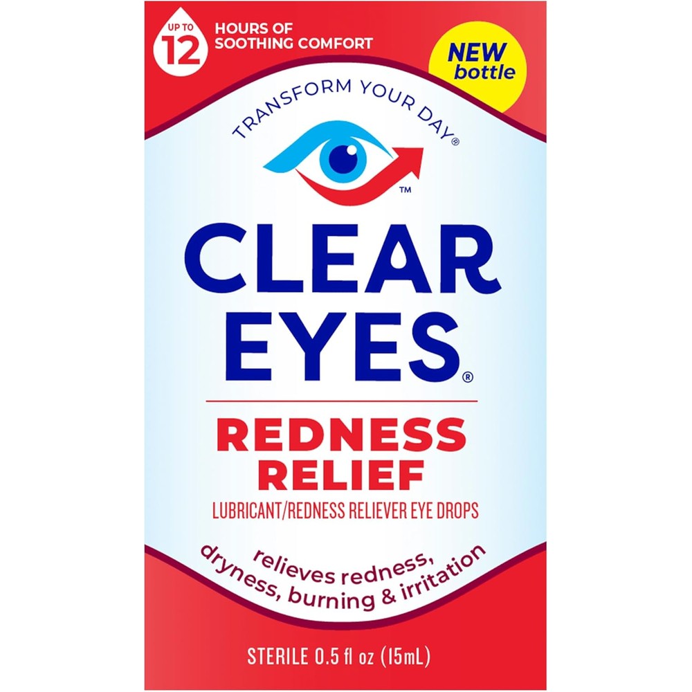 Clear Eyes Redness Relief bottle front view for eye irritation relief.