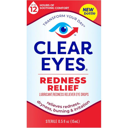 Clear Eyes Redness Relief bottle front view for eye irritation relief.