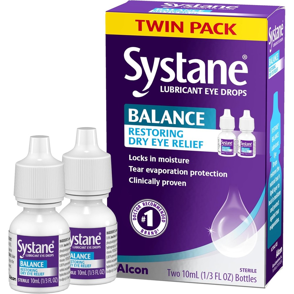 Systane Balance Lubricant Eye Drops twin pack front view for dry eye relief.