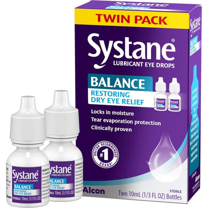 Systane Balance Lubricant Eye Drops twin pack front view for dry eye relief.