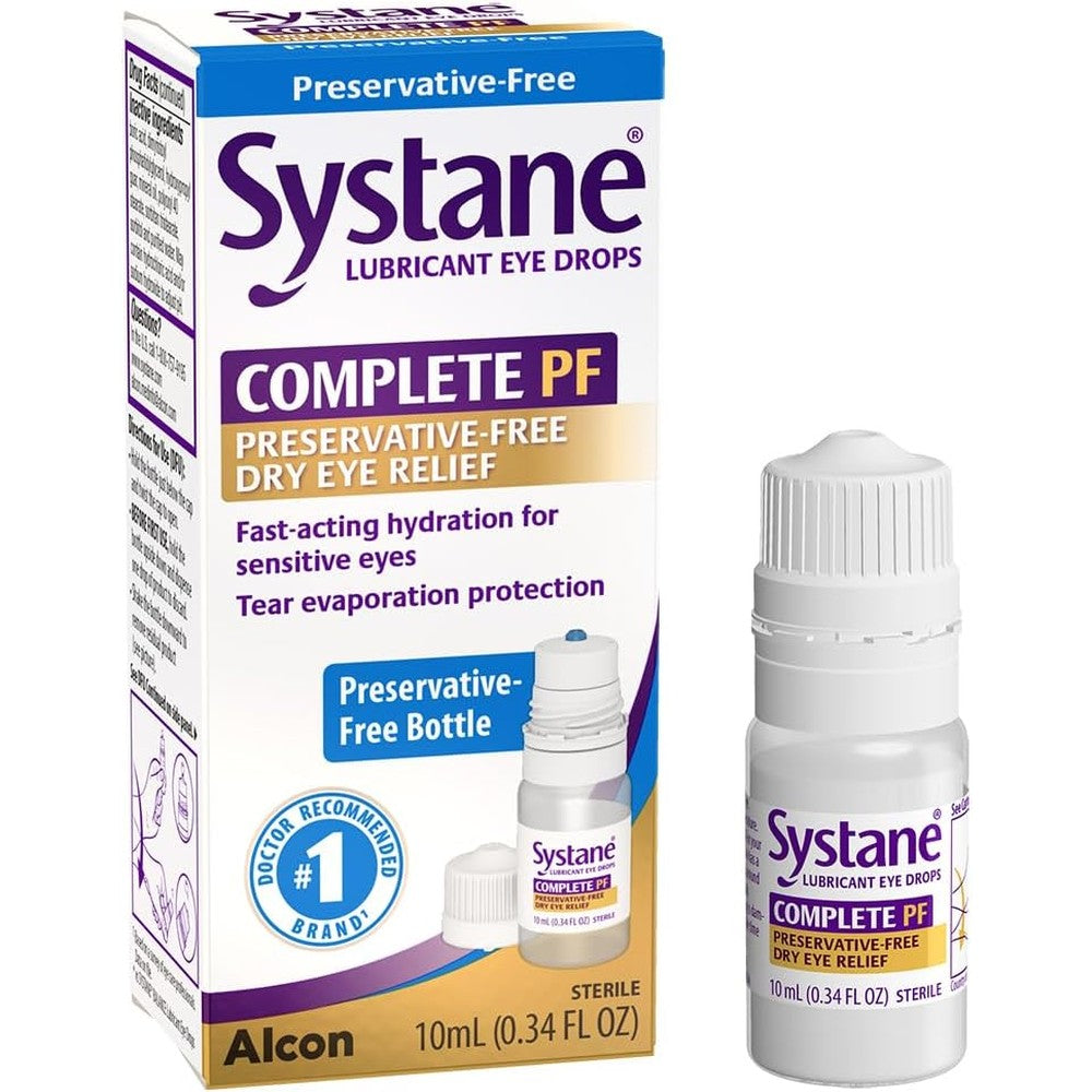 Systane Complete Preservative Free 10ml front packaging for dry eye relief.