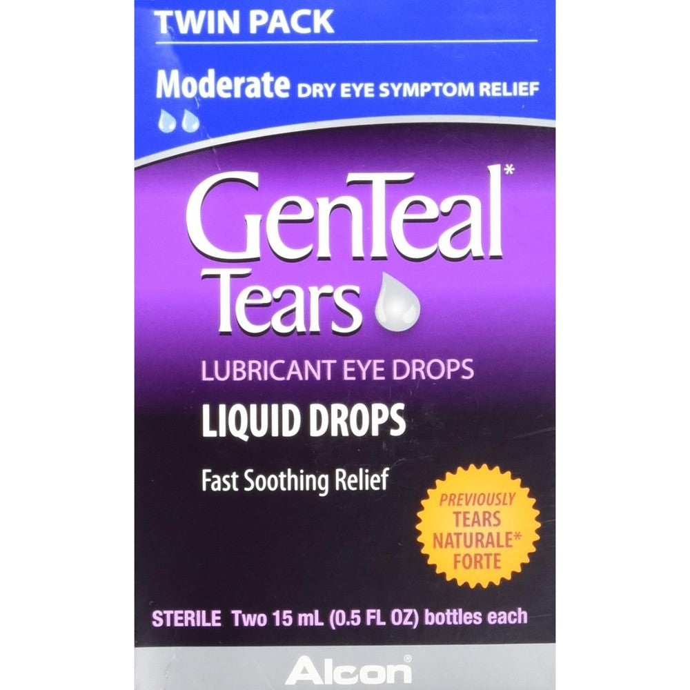 GenTeal Tears Moderate Liquid Drops twin pack front view showing two bottles.