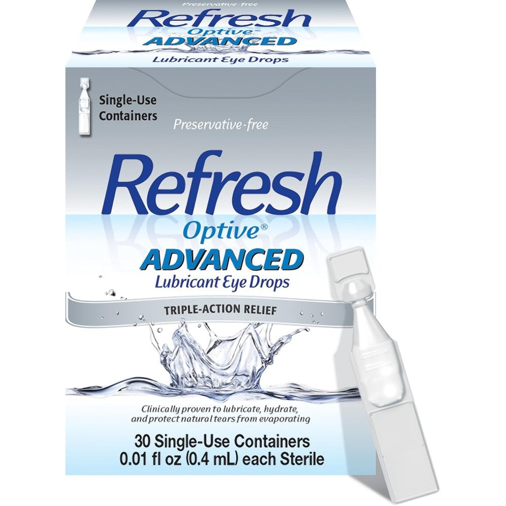 Refresh Optive Advanced Preservative Free Eye Drops front view for dry eye relief.