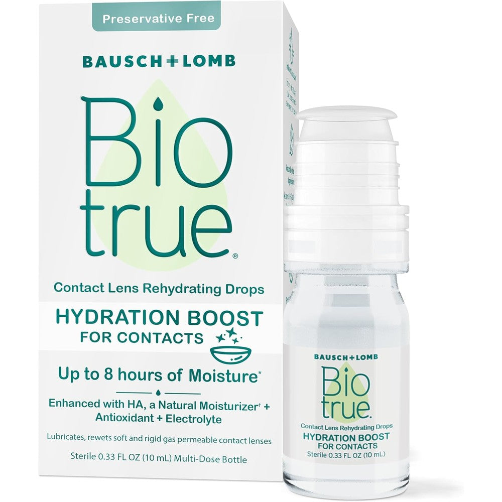 Biotrue Hydration Boost for Contacts front packaging view preservative free drops.
