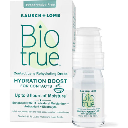 Biotrue Hydration Boost for Contacts front packaging view preservative free drops.