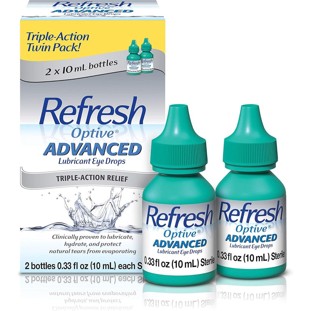 Refresh Optive Advanced Lubricant Eye Drops front view twin pack for dry eye relief.