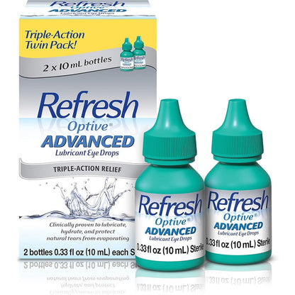 Refresh Optive Advanced Lubricant Eye Drops front view twin pack for dry eye relief.