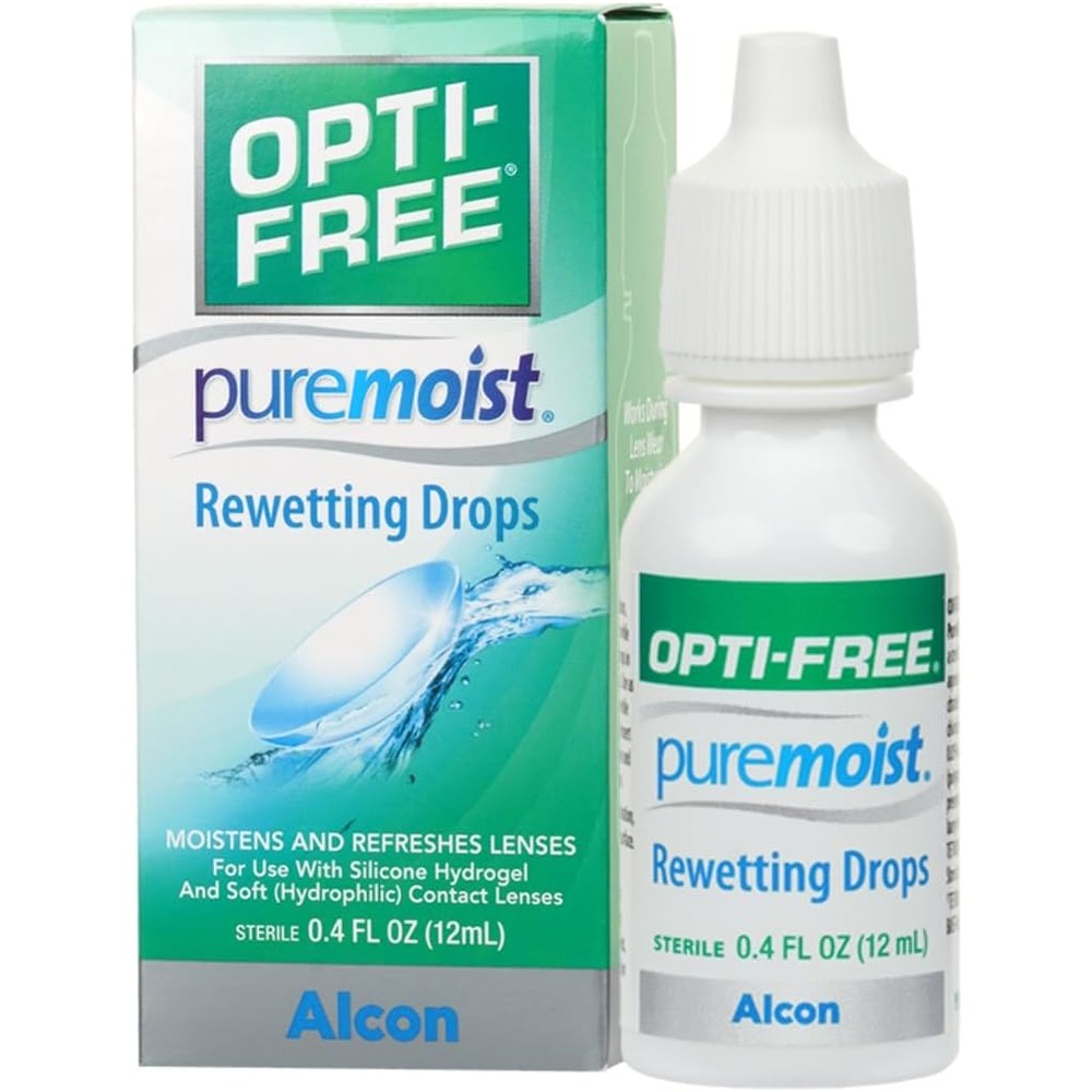 Opti-Free Puremoist Rewetting Drops 12ml front view bottle for contact lens moisture.